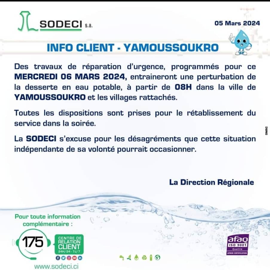 Yamoussoukro / La Sodeci annonce des "travaux d'urgence" sur le réseau d'eau potable