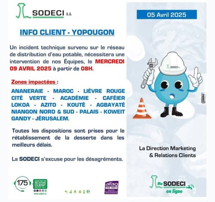 Eau potable / La Sodeci en intervention sur le réseau de distribution de Yopougon, voici les secteurs concernés 